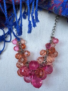 Pink Orange Faceted Bead Cluster Statement 20” + 3” Silver Chain Chunky Necklace